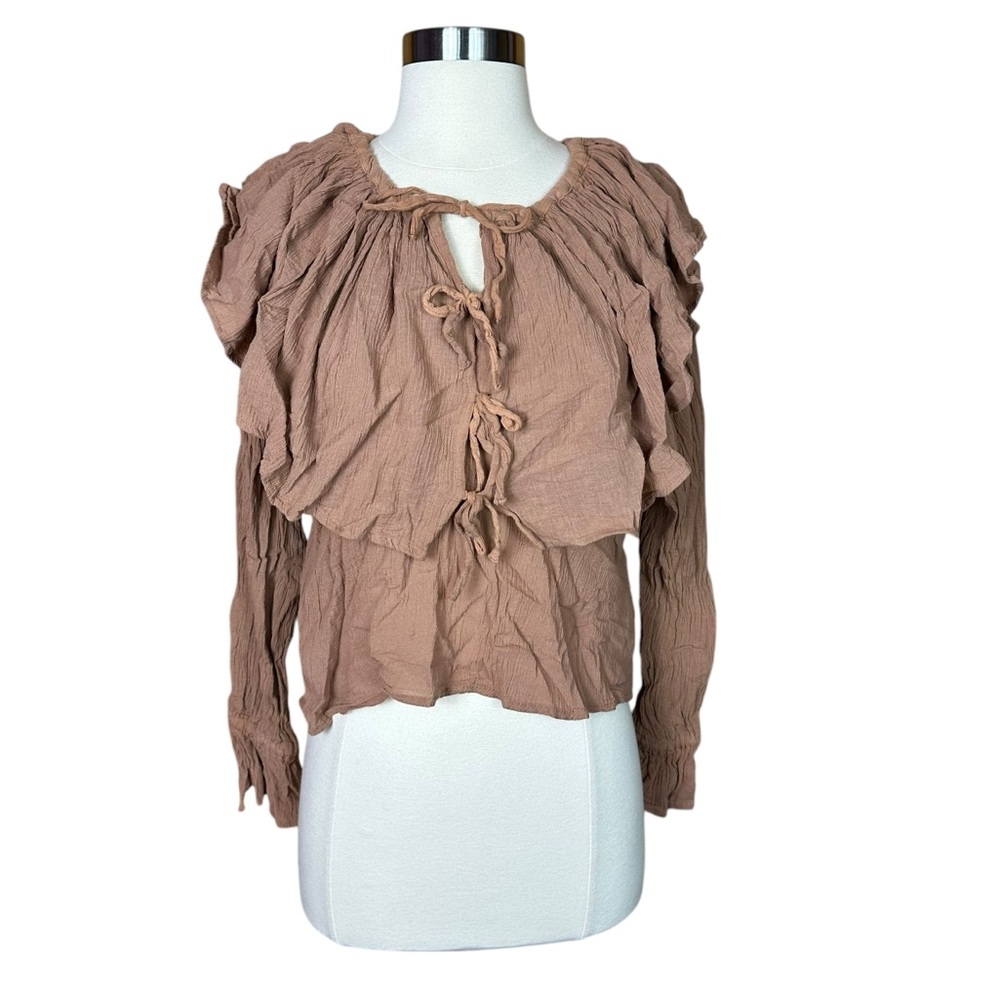 Vintage 80s Cottagecore Cotton Ruffled Flowy Brown Boho Hippie Blouse Top Medium